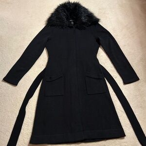 INC International Concepts  Black Wool Blend Cardigan, Faux Fur Collar, Small